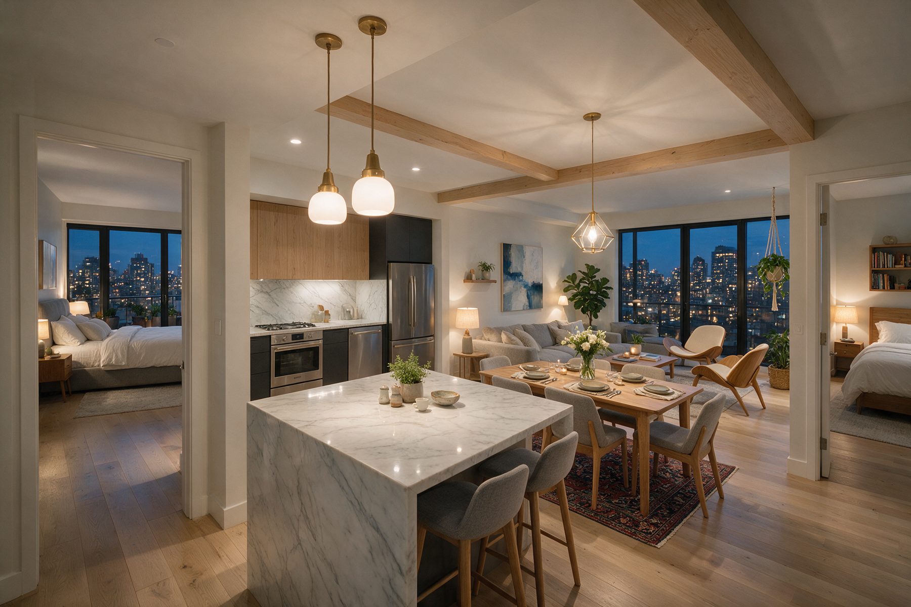 Apartamento contemporâneo com cozinha e sala integradas ao entardecer