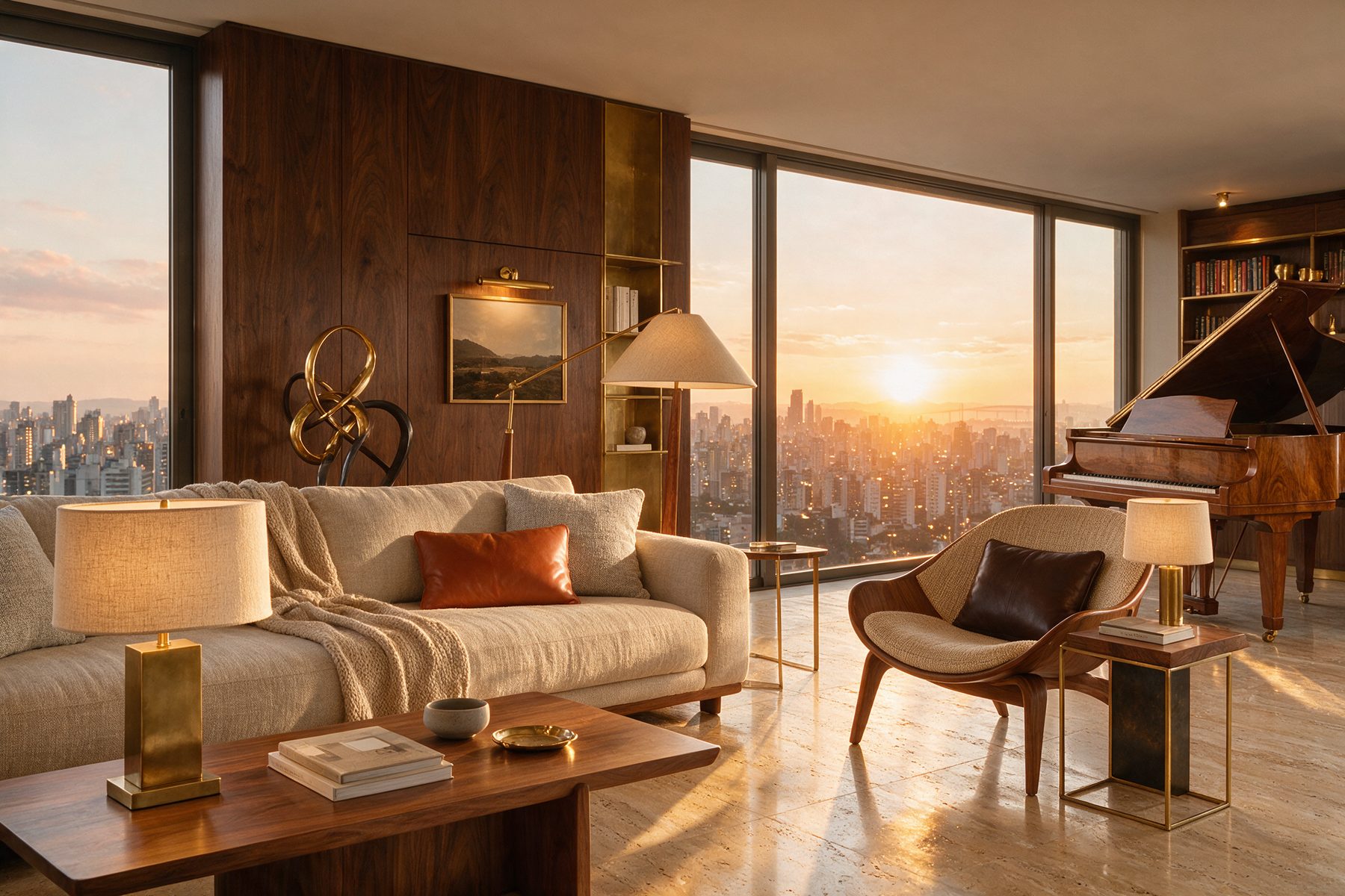 Sala de um apartamento de alto padrão ao pôr do sol, com vista para a cidade